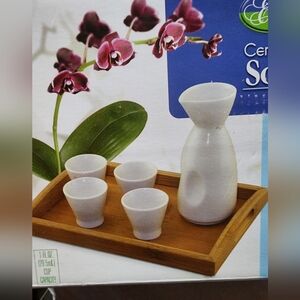 White Ceramic Sake Set with Tray 5 Piece Set